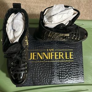 Black Calf Hair x Black Croc Leather x Black Patent Leather Finch Combat Boots